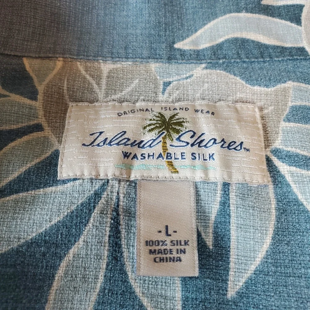 Island Shores Mens Large Teal Blue 100% Washable Silk Tropical Floral Camp Shirt